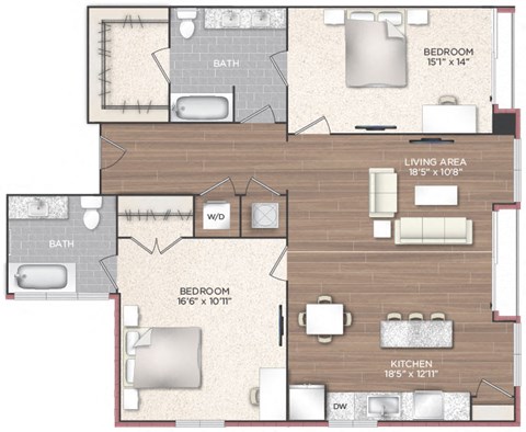 Floor plan for 2 beds, 2 baths, 1266 sqft